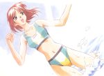  1girl artist_request ass_visible_through_thighs bikini clenched_hand clothes_writing collarbone day dutch_angle navel open_mouth orange_eyes outdoors redhead short_hair solo splashing swimsuit traditional_media upper_teeth wading water watercolor_(medium) 