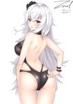  1girl adjusting_clothes adjusting_swimsuit ass azur_lane back bangs black_flower black_rose black_swimsuit breasts cleavage cowboy_shot dated eyebrows_visible_through_hair flower from_behind graf_zeppelin_(azur_lane) hair_between_eyes hair_flower hair_ornament large_breasts long_hair looking_at_viewer looking_back messy_hair one-piece_swimsuit parted_lips rose shoulder_blades sidelocks signature silver_hair simple_background skindentation solo swimsuit thighs twisted_torso twitter_username unel very_long_hair violet_eyes white_background wrist_straps 