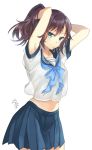  1girl armpit_peek arms_up bangs blue_bow blue_neckwear blue_sailor_collar blue_skirt blush bow brown_hair commentary_request cowboy_shot eyebrows_visible_through_hair green_eyes hair_tie highres long_hair looking_at_viewer medium_skirt midriff mouth_hold navel nekozuki_yuki original pleated_skirt ponytail sailor_collar school_uniform serafuku shirt short_sleeves signature skirt solo tying_hair white_shirt 