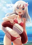  1girl alternate_costume ass_visible_through_thighs bangs beach bikini blue_eyes blue_sky blush clouds collarbone cowboy_shot eyebrows_visible_through_hair flower hair_between_eyes hair_flower hair_ornament holding kantai_collection lifebuoy long_hair looking_at_viewer nagami_yuu navel ocean one-piece_tan open_mouth outdoors red_bikini ro-500_(kantai_collection) sky smile solo standing string_bikini sunlight swimsuit tan tanline thighs water white_hair 