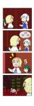  0_0 4koma 6+girls :d absurdres alice_margatroid animal_ears apron bat_wings blonde_hair blue_dress blue_vest bookshelf braid capelet chair comic crescent crescent_hair_ornament cup door dress emphasis_lines eyebrows_visible_through_hair flying_sweatdrops green_hair hair_ornament hair_ribbon hairband hat head_wings head_wreath highres indoors izayoi_sakuya kasodani_kyouko koakuma library lily_white long_hair lying maid_headdress minigirl mob_cap multiple_girls on_head on_stomach open_mouth patchouli_knowledge person_on_head puffy_short_sleeves puffy_sleeves rakugaki-biyori redhead ribbon robe shanghai_doll short_hair short_sleeves silent_comic silver_hair smile solid_oval_eyes speech_bubble spit_take spitting spoken_object sweat sweating_profusely table teacup touhou tress_ribbon twin_braids vest waist_apron wings 