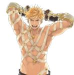  1boy abs adapted_costume adonis_belt arms_behind_back backlighting belt blonde_hair brown_gloves brown_pants collarbone gauntlets gloves granblue_fantasy green_eyes hakui_ami highres hot_limit looking_at_viewer male_focus navel nipples pants simple_background toned toned_male upper_body vane_(granblue_fantasy) white_background 