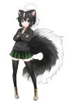  1girl ahoge beige_neckwear black_hair black_legwear black_sweater boots brown_shirt crossed_arms extra_ears eyebrows_visible_through_hair full_body green_skirt hair_between_eyes huge_ahoge ise_(0425) kemono_friends large_tail looking_at_viewer multicolored_hair necktie plaid plaid_skirt pleated_skirt shirt simple_background skirt smile solo standing striped_skunk_(kemono_friends) sweater thigh-highs two-tone_hair white_background white_hair zettai_ryouiki 