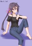 1girl akebono_(kantai_collection) alternate_costume anti_(untea9) barefoot bell black_shirt commentary_request denim feet_out_of_frame flower hair_bell hair_flower hair_ornament highres jeans kantai_collection long_hair looking_at_viewer pants purple_background purple_hair shirt side_ponytail simple_background solo twitter_username very_long_hair violet_eyes 