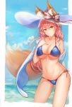  animal_ear_fluff animal_ears bikini blue_bikini breasts collarbone day ears_through_headwear fate/grand_order fate_(series) fox_ears fox_tail groin hand_on_own_chest hat highres large_breasts looking_at_viewer navel ocean outdoors pink_hair side-tie_bikini sun_hat swimsuit tail tamamo_(fate)_(all) tamamo_no_mae_(swimsuit_lancer)_(fate) yahiro_(666131415) yellow_eyes 