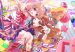  2girls :d ;d \m/ animal_ears balloon blue_background blue_hat bow brown_eyes brown_hair candy_hair_ornament detached_sleeves diagonal-striped_background diagonal_stripes food_themed_hair_ornament futaba_anzu gloves hair_bow hair_ornament hat heart heart_hair_ornament highres idolmaster idolmaster_cinderella_girls idolmaster_cinderella_girls_starlight_stage long_hair looking_at_viewer mismatched_legwear misumi_(macaroni) moroboshi_kirari multicolored_bow multiple_girls neck_ribbon one_eye_closed open_mouth orange_bow orange_legwear pink_background pink_bow pink_legwear pink_skirt polka_dot polka_dot_hat rabbit rabbit_ears red_bow red_eyes red_footwear red_ribbon ribbon skirt smile sparkle star striped striped_background striped_bow striped_skirt striped_sleeves top_hat v vertical-striped_skirt vertical_stripes white_background white_bow white_gloves white_legwear 