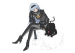  1girl artist_request belt bladewolf blue_hair commentary_request cosplay cyborg dinergate_(girls_frontline) girls_frontline hairband highres holstered_weapon metal_gear_(series) metal_gear_rising:_revengeance petting raiden raiden_(cosplay) red_eyes robot sword tail teeth weapon 
