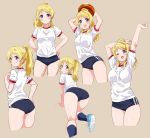  1girl :o ;o all_fours arm_behind_head arms_behind_head arms_up ass ayase_eli ball bangs basketball black_buruma blonde_hair blue_eyes blue_footwear blue_legwear blush breasts brown_background buruma closed_mouth cowboy_shot eyebrows_visible_through_hair from_behind full_body gym_shirt gym_uniform hand_on_hip hands_on_hips high_ponytail holding holding_ball kneehighs kurokawa_makoto legs_together long_hair looking_at_viewer looking_back love_live! love_live!_school_idol_project medium_breasts multiple_views one_eye_closed open_mouth outstretched_arm parted_bangs ponytail scrunchie shiny shiny_hair shiny_skin shirt shoes short_sleeves sidelocks simple_background smile sneakers standing upper_teeth white_scrunchie white_shirt 