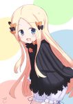  1girl :d abigail_williams_(fate/grand_order) bangs black_bow black_dress blonde_hair bloomers blue_eyes blush bow bug butterfly commentary_request dress eyebrows_visible_through_hair eyes_visible_through_hair fate/grand_order fate_(series) forehead hair_bow highres insect kujou_karasuma leaning_forward long_hair long_sleeves looking_at_viewer no_hat no_headwear open_mouth orange_bow parted_bangs polka_dot polka_dot_bow sleeves_past_fingers sleeves_past_wrists smile solo underwear very_long_hair white_bloomers 