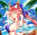  1girl animal_ears armpits arms_up bangs bare_shoulders beach bikini blue_bikini blue_bow blue_sky blurry blurry_foreground bow breasts brown_eyes clouds collarbone commentary_request day depth_of_field dutch_angle eyebrows_visible_through_hair fate/extra fate_(series) flower fox_ears fox_girl fox_tail hair_between_eyes hair_bow hair_flower hair_ornament large_breasts long_hair melynx_(user_aot2846) o-ring o-ring_top ocean outdoors palm_tree parted_lips petals pink_hair red_flower sand see-through sideboob sky smile solo swimsuit tail tamamo_(fate)_(all) tamamo_no_mae_(fate) tree twintails v-shaped_eyebrows water 