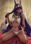  &lt;o&gt;_&lt;o&gt; 1girl 2018 animal_ears armlet artist_name bangle bangs bare_legs bare_shoulders beads bed bed_sheet belly_chain between_legs bracelet branch breasts breasts_apart canopy_bed closed_mouth commentary curtains dark_skin earrings egyptian egyptian_clothes english_commentary facial_mark fate/grand_order fate_(series) fingernails full_body hair_between_eyes hair_rings hair_tubes head_tilt highres holding holding_hair hoop_earrings indoors jackal_ears jewelry lips long_hair looking_at_viewer makeup mascara medium_breasts navel nitocris_(fate/grand_order) nose panties purple_hair sciamano240 signature sitting solo staff stomach tiara translucent underwear very_long_hair violet_eyes wariza white_panties 