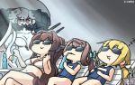  4girls :3 anger_vein asagumo_(kantai_collection) blonde_hair blue_swimsuit breasts brown_hair dated drinking drinking_straw drooling eyebrows_visible_through_hair flower hair_between_eyes hair_flower hair_ornament hamu_koutarou highres kantai_collection large_breasts long_hair low_twintails midway_hime multiple_girls one-piece_swimsuit orange_eyes pink_flower ponytail ramune satsuki_(kantai_collection) school_swimsuit shinkaisei-kan sleeping smile sunglasses swimsuit twintails white_hair yamato_(kantai_collection) zzz 