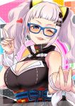  1girl ;p bangs blue-framed_eyewear blue_eyes blunt_bangs blush breasts cleavage cleavage_cutout commentary_request glasses hair_ornament highres kaguya_luna kaguya_luna_(character) looking_at_viewer medium_breasts morino_shoutarou obi one_eye_closed ribbon sash short_hair silver_hair solo tongue tongue_out twintails upper_body violet_eyes virtual_youtuber white_ribbon wrist_ribbon x_hair_ornament 