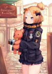 1girl :o abigail_williams_(fate/grand_order) bangs black_bow black_jacket blonde_hair blue_eyes blush bow building camera commentary_request cowboy_shot crossed_bandaids donggua_bing_cha eyebrows_visible_through_hair fate/grand_order fate_(series) hair_bow hair_bun highres holding holding_stuffed_animal jacket long_hair long_sleeves looking_away orange_bow parted_bangs parted_lips polka_dot polka_dot_bow sign sleeves_past_fingers sleeves_past_wrists solo standing stuffed_animal stuffed_toy teddy_bear 