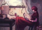  1girl absurdres artist_request barefoot book cape capelet computer curtains dress feet_on_table flower food fruit glasses highres lamp laptop long_hair looking_away okazaki_yumemi pen plant red_cape red_dress red_eyes redhead sitting skirt smile solo strawberry table touhou touhou_(pc-98) window 