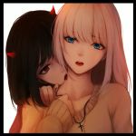  2girls beige_sweater black_border black_hair blonde_hair blue_eyes border cross cross_necklace demon_horns fangs hand_on_own_chest hand_on_shoulder horns imminent_bite jewelry licking lips long_hair multiple_girls neck_licking necklace open_mouth original red_eyes red_lips red_shirt shimmer shirt simple_background sweater tearing_up teeth tongue vampire white_background yuri 