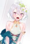  1girl bangs bare_shoulders flower hair_between_eyes hair_flower hair_ornament kokkoro_(princess_connect!) open_mouth pointy_ears princess_connect! princess_connect!_re:dive red_eyes short_hair silver_hair subachi upper_body 