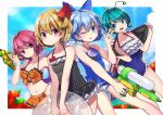  +_+ 4girls :d ;p absurdres aqua_hair bangs bare_arms bare_shoulders bikini black_swimsuit blonde_hair blue_bow blue_eyes blue_hair blue_sky blush border bow breasts cirno cleavage clouds collarbone commentary_request cowboy_shot day eyebrows_visible_through_hair fingernails flat_chest flower frilled_bikini frilled_swimsuit frills green_eyes gun hair_between_eyes hair_bow hair_ribbon halterneck hand_on_hip hand_up hands_up head_wings highres holding holding_gun holding_weapon ice ice_wings innertube leaf looking_at_another miniskirt multiple_girls mystia_lorelei nail_polish namauni navel no_hat no_headwear one-piece_swimsuit one_eye_closed open_mouth orange_bikini orange_bow orange_skirt outdoors outside_border pink_eyes pink_hair plaid plaid_bikini pleated_skirt polka_dot polka_dot_swimsuit purple_nails red_bow red_flower red_ribbon ribbon rumia sharp_fingernails short_hair skirt sky small_breasts smile standing stomach striped_towel swimsuit team_9 thighs tongue tongue_out touhou towel unmoving_pattern w water_gun weapon white_border wings wriggle_nightbug 
