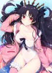  1girl adjusting_hair bangs black_bow black_hair blush bow breasts cleavage collarbone commentary_request covered_navel covered_nipples cowboy_shot earrings fate/grand_order fate_(series) fur-trimmed_hood grin hood hood_down hoodie hoop_earrings impossible_clothes impossible_swimsuit ishtar_(fate/grand_order) ishtar_(swimsuit_rider)_(fate) jewelry leotard long_hair long_sleeves looking_at_viewer medium_breasts miko_92 open_clothes open_hoodie outdoors parted_bangs pink_hoodie pink_legwear red_eyes see-through shiny shiny_hair single_thighhigh sitting smile swimsuit thigh-highs tiara tohsaka_rin two_side_up white_leotard 