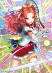  1girl anklet ball copyright_name day green_eyes hair_ornament interitio jewelry long_hair looking_at_viewer net official_art open_mouth outdoors peacock_feathers racket red_skirt redhead shirt sid_story skirt sparkle standing tennis_ball tennis_court tennis_racket white_shirt 