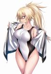  1girl bangs black-framed_eyewear blonde_hair blue_eyes breasts collarbone covered_navel fate/apocrypha fate/grand_order fate_(series) glasses hair_between_eyes highres hips jacket jeanne_d&#039;arc_(fate) jeanne_d&#039;arc_(fate)_(all) large_breasts long_hair looking_at_viewer looking_to_the_side one-piece_swimsuit open_clothes open_jacket simple_background smile solo swimsuit thighs ulrich_(tagaragakuin) waist whistle white_background white_jacket white_swimsuit zipper 