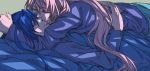  2boys blue_hair character_request closed_eyes commentary couple genderswap genderswap_(ftm) green_background hair_between_eyes hug kazanari_tsubasa long_hair maria_cadenzavna_eve multiple_boys multiple_girls pink_hair senki_zesshou_symphogear smile toru_dai very_long_hair yaoi 