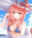  absurdres animal_ear_fluff animal_ears bikini blue_bikini breasts cleavage day ears_through_headwear fang fate/grand_order fate_(series) fox_ears fox_tail hat highres large_breasts looking_at_viewer nacho open_mouth outdoors pink_hair ribbon side-tie_bikini sun_hat swimsuit tail tamamo_(fate)_(all) tamamo_no_mae_(swimsuit_lancer)_(fate) yellow_eyes 