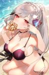  1girl alternate_costume armpits ass azur_lane bangs beach bikini blush braid breasts butterfly_hair_ornament choker cleavage collarbone crown_braid day doughnut dunkerque_(azur_lane) floating_hair flower food front-tie_top grey_hair hair_ornament hairband half-closed_eyes headdress holding holding_food large_breasts long_hair looking_at_viewer ocean open_mouth outdoors petals playing_with_own_hair ponytail purple_bikini red_eyes ripples sand shirako_sei sidelocks sitting solo swimsuit thighs wind yokozuwari 