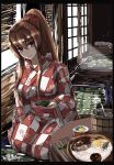  1girl blush breasts brown_hair cat closed_mouth eyebrows_visible_through_hair food hair_between_eyes hair_ornament highres japanese_clothes kantai_collection kimono large_breasts long_hair ponytail seitei_(04seitei) sitting soumen violet_eyes yamato_(kantai_collection) yukata 