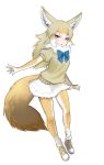  1girl :o animal_ear_fluff animal_ears blue_neckwear blush bow bowtie elbow_gloves full_body fur_collar gloves golden_jackal_(kemono_friends) grey_hair ise_(0425) jackal_ears jackal_tail kemono_friends looking_at_viewer multicolored_hair outstretched_arm pantyhose puffy_short_sleeves puffy_sleeves red_eyes short_sleeves simple_background skirt solo standing two-tone_gloves two-tone_hair two-tone_legwear white_background white_hair white_skirt 