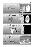  /\/\/\ 2boys 4koma :3 abs beak comic copyright_name gradient gradient_background greyscale highres holding holding_staff holding_sword holding_weapon monochrome motion_lines multiple_boys open_mouth rain romancing_abe romancing_abe&#039;s_romancing_fantasy sheath silhouette simple_background sitting speech_bubble staff sword talking thought_bubble translation_request weapon wet 