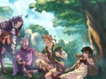  1girl 3boys alfyn_(octopath_traveler) angry black_hair blonde_hair boots brown_hair cape closed_eyes cyrus_(octopath_traveler) dress forest gloves hair_between_eyes hat highres jewelry long_hair multiple_boys nature octopath_traveler one_eye_closed open_mouth ponytail scarf short_hair smile st_beans_lal therion_(octopath_traveler) tressa_(octopath_traveler) 