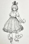  1girl absurdres bangs blush closed_mouth commentary_request full_body greyscale hat highres juliet_sleeves long_sleeves looking_at_viewer mashimashi monochrome pleated_skirt puffy_sleeves short_hair skirt soga_no_tojiko solo tate_eboshi touhou traditional_media 