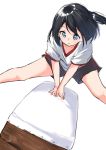  1girl bangs black_hair black_shorts blue_eyes blush commentary_request eyebrows_visible_through_hair gym_shirt gym_shorts gym_uniform highres one_eye_closed original parted_lips shirt short_hair short_shorts shorts simple_background solo suzunari_shizuku vaulting_horse white_background white_shirt yuki_arare 