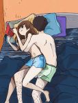  1boy 1girl :q arms_up bed bed_sheet bedroom black_eyes black_hair blue_briefs blue_pillow briefs brown_hair commentary english_commentary foot_out_of_frame green_briefs hairy_legs handheld_game_console long_hair male_underwear navel nintendo_3ds original pillow playing_games sleeping solo sooyun_choi tongue tongue_out topless underwear underwear_only yellow_pillow 