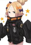  1girl abigail_williams_(fate/grand_order) arashishi bangs black_bow black_jacket blonde_hair blue_eyes blush bow closed_mouth commentary_request crossed_bandaids fate/grand_order fate_(series) hair_bow hair_bun hands_up jacket key long_hair long_sleeves looking_at_viewer orange_bow parted_bangs polka_dot polka_dot_bow simple_background sleeves_past_fingers sleeves_past_wrists solo star white_background 
