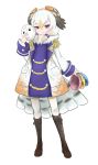  1girl barn_owl_(kemono_friends) bird_tail blonde_hair boots coat epaulettes full_body fur_collar head_wings holding holding_mask ise_(0425) kemono_friends knee_boots long_sleeves looking_at_viewer low_twintails mask medium_hair multicolored_hair orange_hair simple_background smile solo standing twintails violet_eyes white_background white_hair 