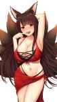  1girl :d akagi_(azur_lane) animal_ears arm_behind_head armpits azur_lane bikini black_hair blush breasts cleavage collarbone fou_zi fox_ears fox_tail highres large_breasts long_hair looking_at_viewer multiple_tails navel open_mouth orange_eyes red_bikini simple_background smile solo sweat swimsuit tail white_background 