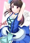  1girl 2018 aida_rikako armpits bangs birthday blue_dress blunt_bangs brown_hair commentary_request dleung drawing dress elephant eyebrows_visible_through_hair hair_ornament highres long_hair looking_at_viewer love_live! love_live!_sunshine!! real_life seiyuu solo violet_eyes water_blue_new_world 