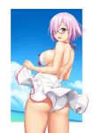  1girl ass bikini blush breasts clouds day eyebrows_visible_through_hair fate/grand_order fate_(series) glasses hair_over_one_eye highres large_breasts looking_at_viewer looking_back mash_kyrielight ocean one-piece_swimsuit open_mouth purple_hair sawada_yuusuke short_hair side-tie_bikini sky smile solo swimsuit swimsuit_lift swimsuit_of_perpetual_summer tan tanline violet_eyes white_swimsuit 