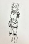  1girl absurdres arms_behind_back bangs blush closed_mouth cyborg full_body highres looking_at_viewer mashimashi monochrome original short_hair solo standing traditional_media 