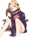  1girl abigail_williams_(fate/grand_order) animal_print bangs between_legs black_bow black_jacket blonde_hair blue_eyes blush bow closed_mouth crossed_bandaids fate/grand_order fate_(series) hair_bow hair_bun hand_between_legs head_tilt holding holding_stuffed_animal jacket long_hair long_sleeves orange_bow parted_bangs polka_dot polka_dot_bow saruno_(eyesonly712) sitting sleeves_past_fingers sleeves_past_wrists solo stuffed_animal stuffed_toy suction_cups teddy_bear tentacle tiger_print white_background 