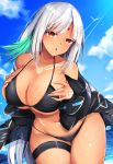  1girl azur_lane bare_shoulders bikini bikini_top black_bikini black_jacket blue_sky blush body_markings breasts cleavage colored_eyelashes cowboy_shot dark_skin eyebrows_visible_through_hair hands_on_own_chest highres jacket large_breasts leaning_forward lips long_hair looking_at_viewer massachusetts_(azur_lane) midriff monotosu multicolored_hair native_american open_clothes open_mouth orange_eyes outdoors parted_lips silver_hair skindentation sky solo sunlight swimsuit swimsuit_under_clothes thigh_strap thighs under_boob 