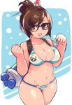  1girl :d bangs bare_arms bare_shoulders bikini black-framed_eyewear breasts brown_hair chingisu cleavage clenched_hands cowboy_shot eyebrows_visible_through_hair glasses groin hair_bun hair_ornament hair_stick hands_up large_breasts mei_(overwatch) navel open_mouth orange_eyes overwatch short_hair smile solo stomach striped striped_bikini swept_bangs swimsuit 