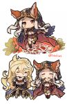  1boy 1girl animal_ears bangs blonde_hair blush chibi cloak ears_through_headwear eating erune eyebrows_visible_through_hair granblue_fantasy hood hooded_cloak itsukia long_hair naoise scathacha_(granblue_fantasy) signature silver_hair twitter_username wavy_hair white_background 