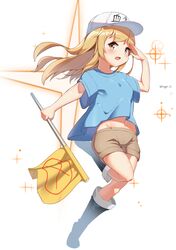  1girl absurdres arm_up black_footwear blue_shirt boots brown_eyes brown_hair brown_shorts flag hat hataraku_saibou highres knee_boots long_hair navel platelet_(hataraku_saibou) salute shirt shorts solo ssogari 