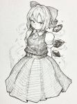  1girl alternate_costume arms_behind_back bangs blush bow cirno closed_mouth greyscale hair_bow ice ice_wings mashimashi monochrome pleated_skirt short_hair short_sleeves skirt solo touhou traditional_media wings 