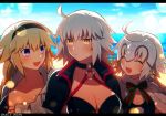  3girls ahoge beach bikini black_bikini black_bikini_top black_jacket blonde_hair blue_eyes blush braid breasts choker cleavage closed_eyes collarbone commentary_request embarrassed eyebrows_visible_through_hair fate/grand_order fate_(series) hairband hood jacket jeanne_d&#039;arc_(alter)_(fate) jeanne_d&#039;arc_(alter_swimsuit_berserker) jeanne_d&#039;arc_(fate) jeanne_d&#039;arc_(fate)_(all) jeanne_d&#039;arc_(swimsuit_archer) jeanne_d&#039;arc_alter_santa_lily large_breasts long_hair looking_at_another looking_at_viewer meiji_ken multiple_girls o-ring open_mouth outdoors silver_hair single_braid sky smile swimsuit twitter_username upper_body very_long_hair yellow_eyes 