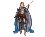  1girl armor belt belt_buckle boots breasts brown_eyes brown_hair buckle cape earrings full_body gauntlets gloves granblue_fantasy grey_footwear holding holding_weapon jewelry katalina_aryze knee_boots long_hair looking_at_viewer minaba_hideo official_art pauldrons ribbon sheath shoulder_armor shoulder_pads simple_background solo standing sword transparent_background weapon 