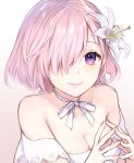  blue_eyes collarbone dress fate/grand_order fate_(series) flower hair_flower hair_ornament hair_over_one_eye kaguyuzu lavender_hair mash_kyrielight ribbon smile strapless strapless_dress upper_body 